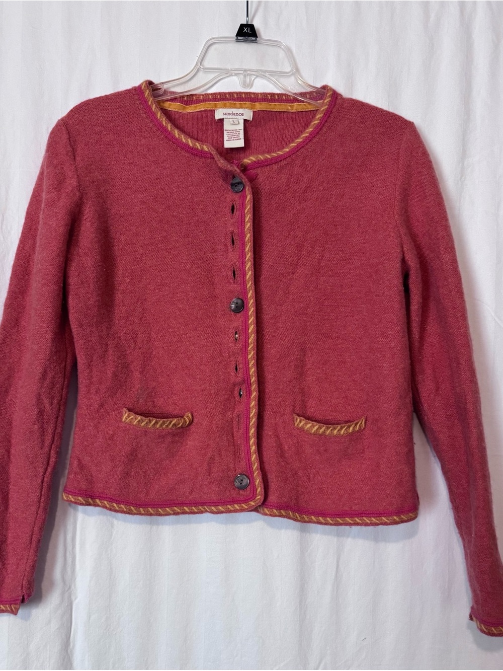Sundance 100% Extra Fine Merino Wool Cardigan Jacket L Orange Button Front Boho